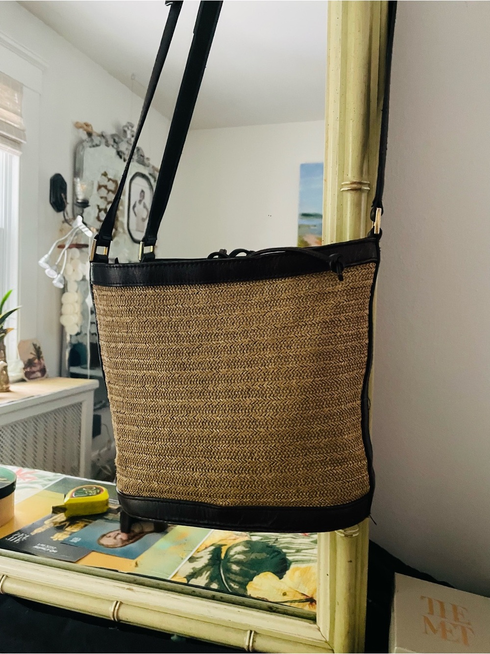 Lord & Taylor Straw Shoulder Bag with Chocolate Brown Leather
 Trim and Strap